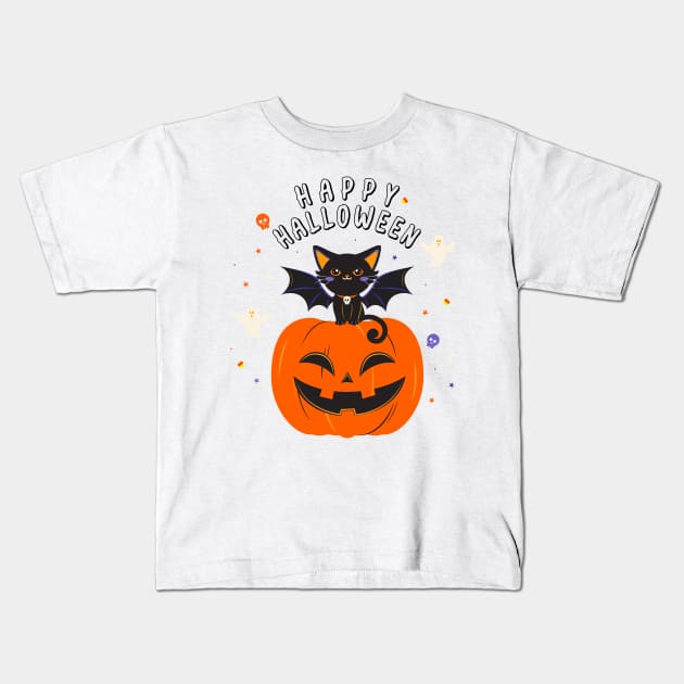 Happy halloween With cat and Pumpkin Kids T-Shirt by Novelty-art